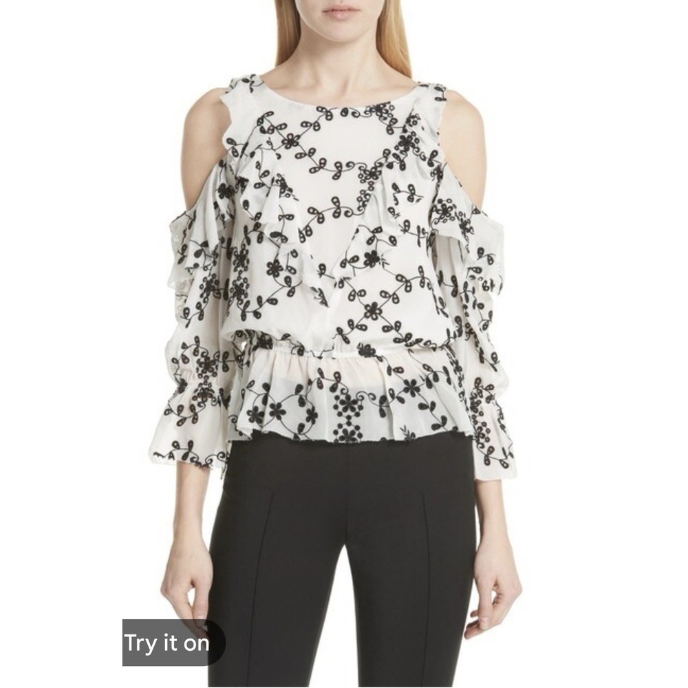 Joie silk blouse Black Floral Embroidery Cold Shoulder Ruffles Med
